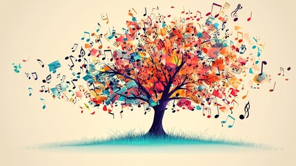 A tree with branches extending musical notes in various colors, blending the essence of music and nature into an abstract, colorful visual representation. It's lively and dynamic.