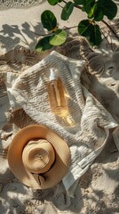 Travel hat and a towel on the sand