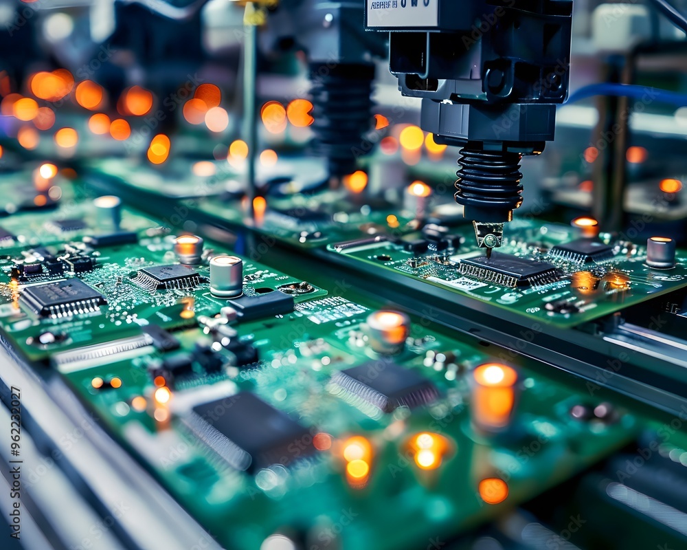 Poster close-up of green circuit boards in an automated assembly line. detailed electronic components with 