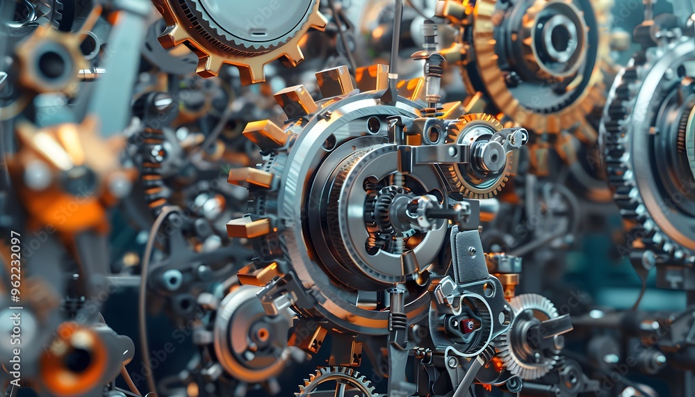 Poster close-up view of intricate mechanical gears with shiny finishes illustrating precision engineering a
