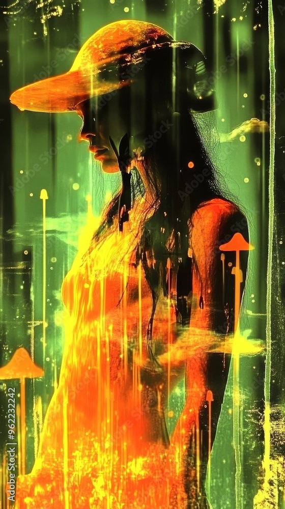 Poster a colorful abstract representation of a woman surrounded by vivid hues and intriguing patterns
