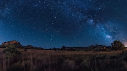 A panoramic view of the Milky Way galaxy stretching across the night sky above a dark, flat desert landscape.