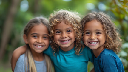 Three smiling young girls hugging outdoors, happy childhood friendship concept, cheerful kids, joyful group portrait, best friends, close bond, outdoor happiness, carefree children