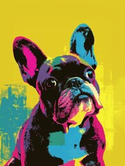 Pop Art French Bulldog Portrait in Bright Colors. Vibrant French Bulldog Illustration on Yellow...