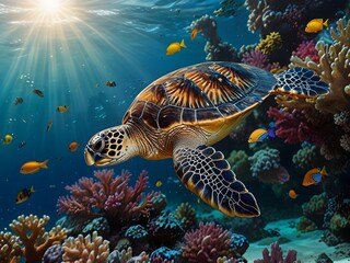 Green Sea Turtle Swimming in Coral Reef with Sunbeams