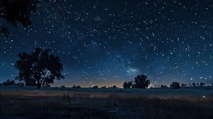A vast, star-filled night sky over a field with trees silhouetted against the horizon. The Milky Way stretches across the sky, illuminating the landscape with a soft, ethereal glow.