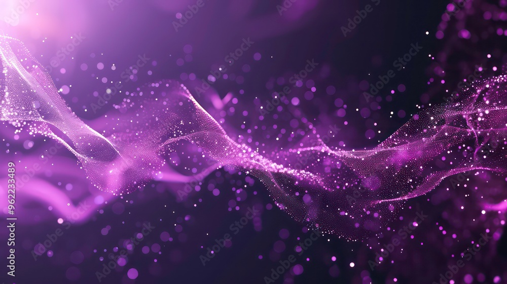 Poster abstract purple background with glowing particles and bokeh.