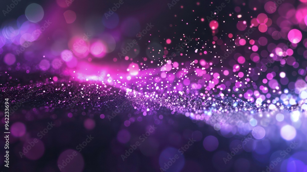 Poster abstract purple and black bokeh background with glowing particles and blurred lights.