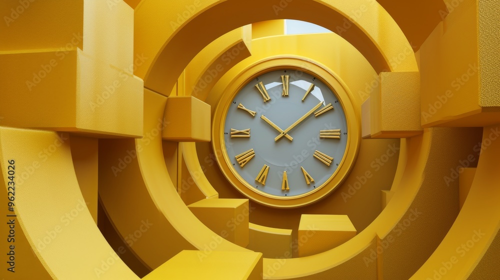 Poster a yellow clock is set within a series of concentric geometric forms, creating a visually striking, s
