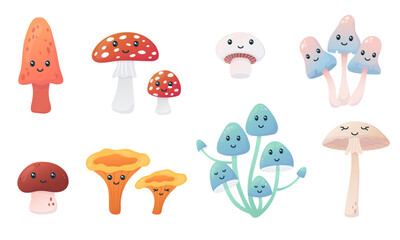Set of cartoon kawaii mushrooms. Autumn forest mushrooms characters with cute faces. Vector illustration isolated on white.