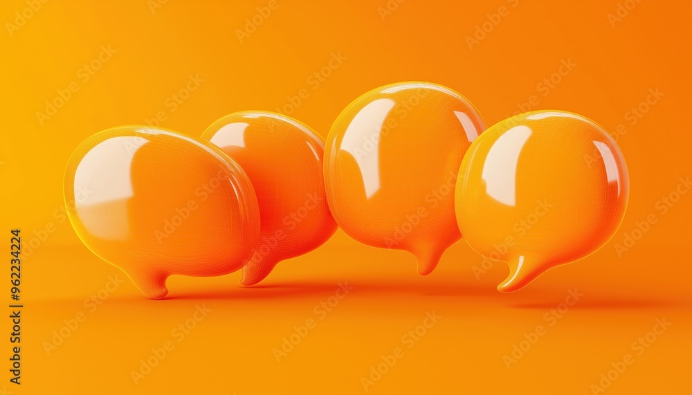 Poster collection of four 3d speech bubble icons on orange background. 3d web illustrations in title case. 