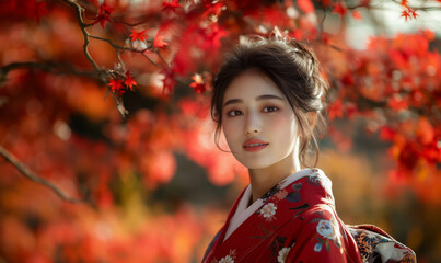 Japanese young woman in kimono surrounded by autumn leaves in autumn park