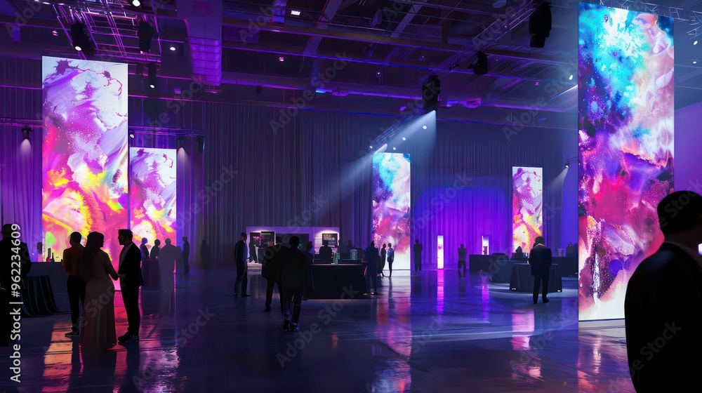 Poster silhouettes of people at a modern event with abstract light projections in a large empty space with 
