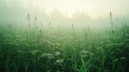   A foggy field with towering grass in the foreground and distant trees in the background