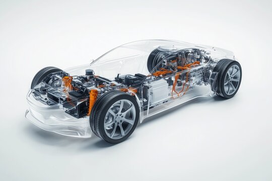 A dynamic 3D of a modern hydrogen car with semi transparent elements, showing a view of its internal