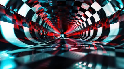 Abstract checkered tunnel with red and blue neon lights.