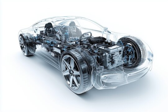 A dynamic 3D of a modern hydrogen car with semi transparent elements, showing a view of its internal