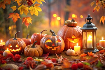 Fototapeta premium Halloween: pumpkins in an orange park. Many different sized jack-o'-lanterns and candles, on the right in the frame is a group of an elongated jack-o'-lantern with a pumpkin headdress and an old lant