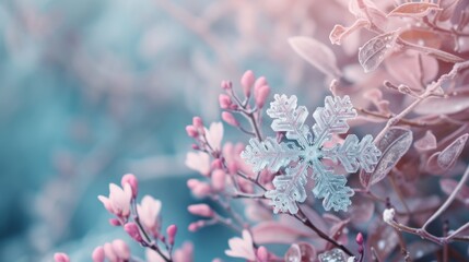 A glass snowflake ornament is set among frosted pink blossoms, with a cool blue background adding depth. The blend of frosty elements and soft flowers creates a serene, winter-inspired scene that