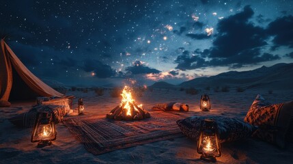 A glowing desert campfire surrounded by traditional blankets and lanterns