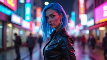 Incredibly beautiful girl with blue hair in cyberpunk style with Japanese signs on the background. Neon style