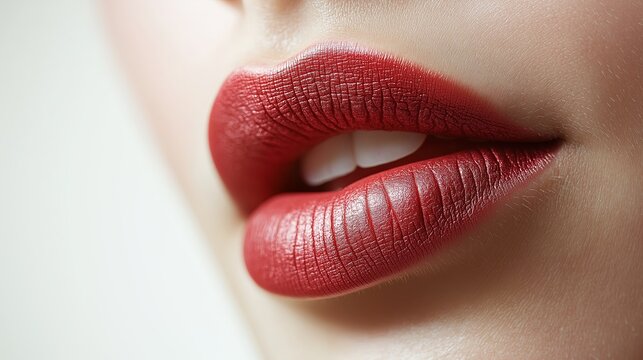 Close up of female lips with red lipstick. Makeup and cosmetics concept