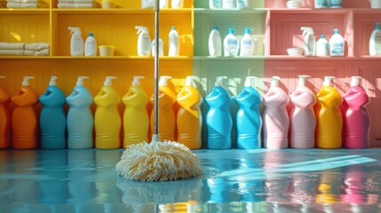 Brightly colored bottles of cleaning products are lined up on a shelf, cleaning service