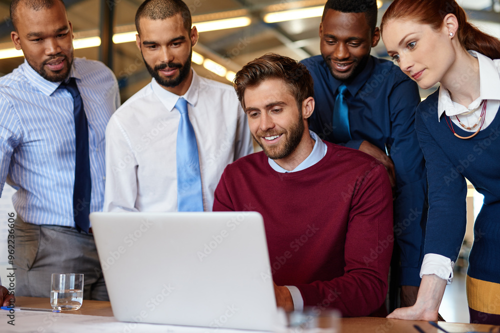 Poster business people, teamwork and laptop for brainstorming, planning and internet with project. group, e