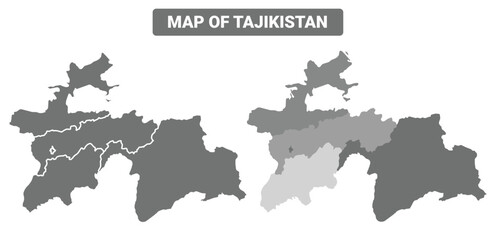 Greyscale Tajikistan political map with borders outline style vector illustration set