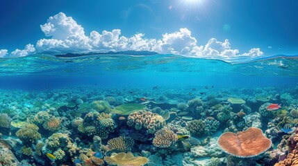 Underwater view of coral reef with sun shining over it