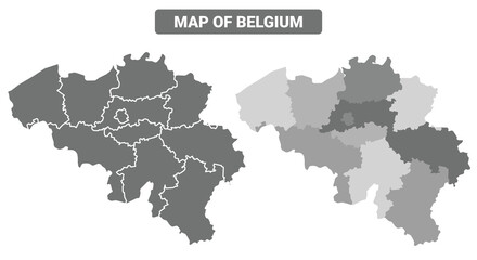 Greyscale Belgium political map with borders outline style vector illustration set