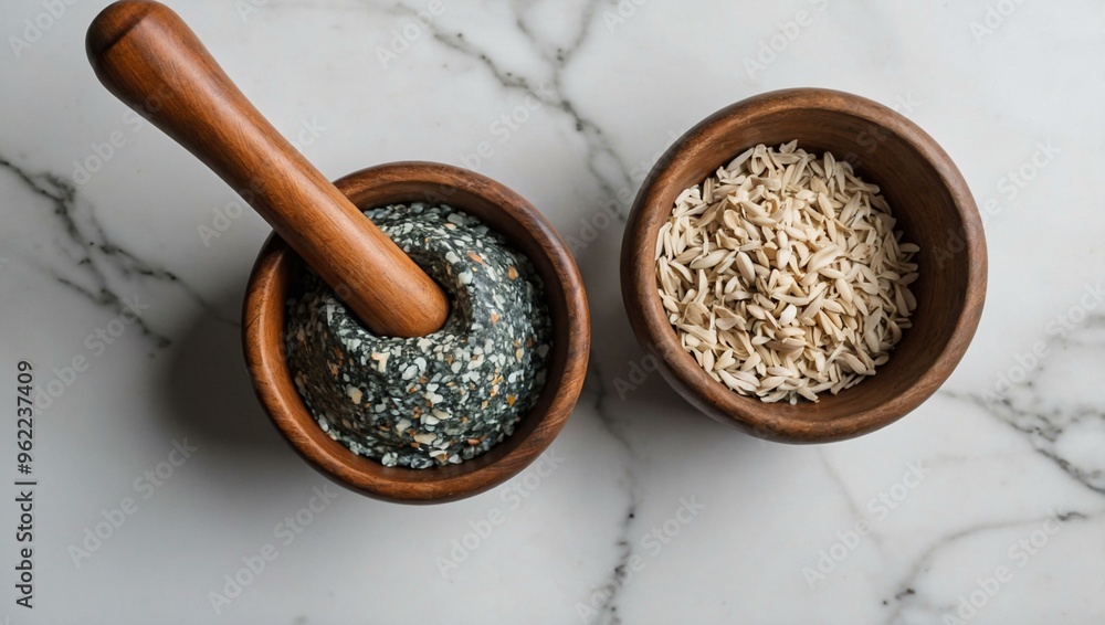 Wall mural Top view of a stone mortar and pestle on a white background, featuring space for text or design.