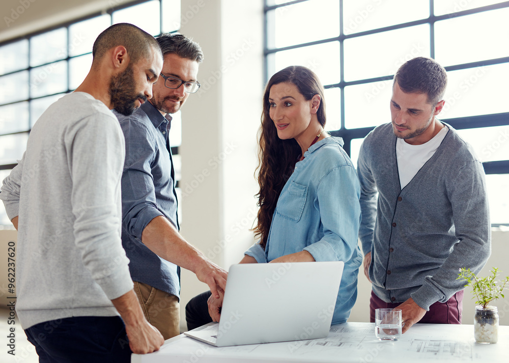 Canvas Prints business, people and happy on laptop at office in meeting with teamwork, collaboration and ideas web