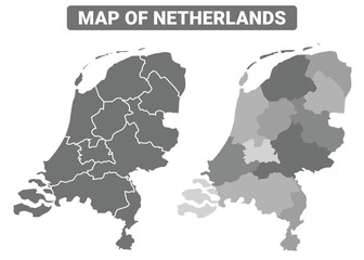 Obraz premium Greyscale Netherlands political map with borders outline style vector illustration set