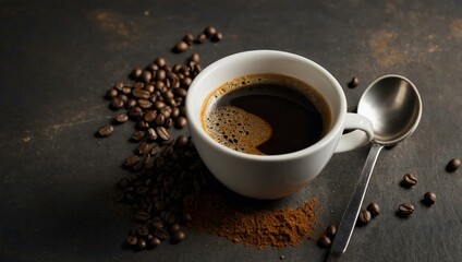 Top-down view of an espresso cup and measuring spoon with ground coffee, featuring space for text or design.