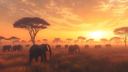 Fototapeta premium A herd of elephants walks through a savanna landscape as the sun sets in the distance.