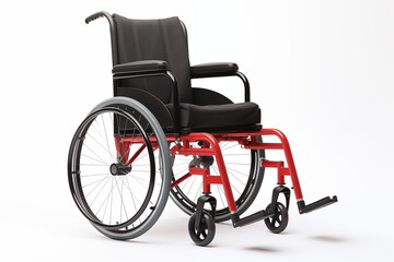 Fototapeta premium Wheelchair on white background. Old age related topics. Disabled person. Disability related topic. Nursing home. Image for graphic designer. Wheelchair on white background.
