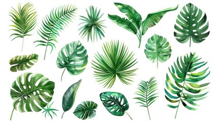 A collection of tropical leaves in various shapes and sizes, isolated on a white background.