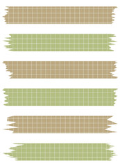 Obraz premium Set of paper sheets isolated on white. Pieces of decorative tape for scrapbooks. Washi tapes collection in vector. Ripped paper. Torn pieces of paper from a notebook in a cell. Green and brown ribbons