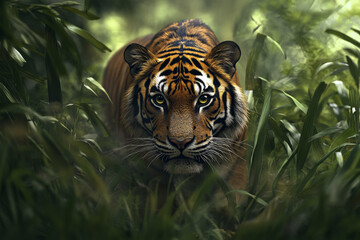 Fototapeta premium A tiger stalking through tall grass, its stripes blending into the dense foliage of a jungle forest.