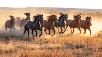 A herd of horses gallop through a field of tall grass, kicking up dust as they run.