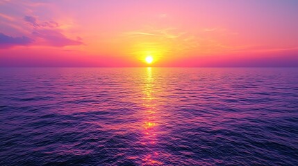 Obraz premium A grainy gradient background transitioning from vibrant pinks and oranges at the horizon to deep purples at the top, reminiscent of a stunning sunset over a tropical ocean.