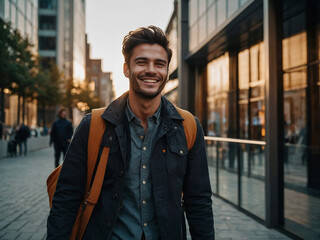 Fototapeta premium Young man walking down the street in the city. He is wearing a blue jacket and a light blue shirt. He is smiling and looking at the camera. He is carrying a brown backpack. The background is a city s