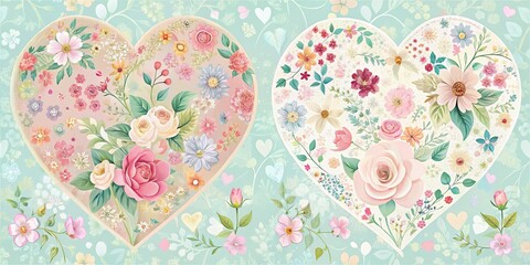 Heartwarming Heart-Shaped Card Designs with Floral Patterns and Pastel Colors Conveying a Romantic Mood and Whimsical Style using Digital Design Software.
