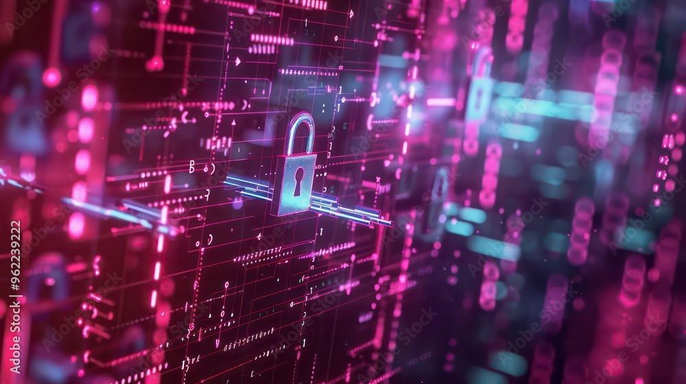 Poster abstract digital background with glowing lines and padlock icon, symbolizing cybersecurity and data 