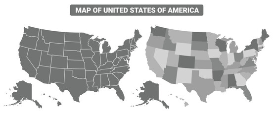 Greyscale United States Of America political map with borders outline style vector illustration set