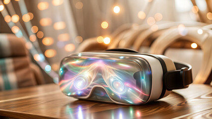 Virtual reality goggles on wooden table with bokeh lights background.