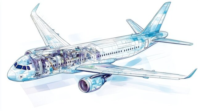 An artistic, flat style illustration of a modern airplane with semi transparent panels, revealing