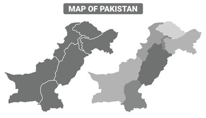 Greyscale Pakistan political map with borders outline style vector illustration set