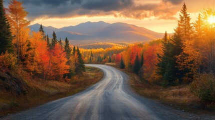 Naklejka premium A picturesque road surrounded by autumn foliage